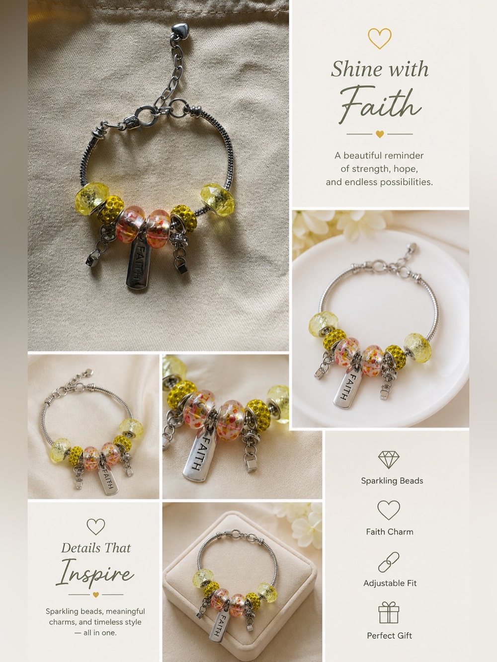 Faith Charm Bracelet with Yellow and Pink Beads